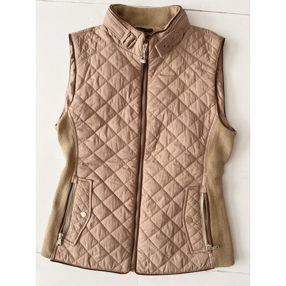 Zara Woman Vest Womens S Beige Quilted Rib Knit Side Zip Pockets Buckle Collar